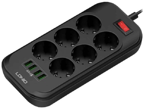 Сетевой фильтр с заземлением Ldnio SE6403 6х2.0м 6гн+4USB тип A черный картинка 